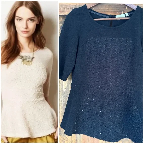 Anthropologie Deletta Boucle Shimmer Sequins Sweater in black. Size: Medium - Picture 1 of 8